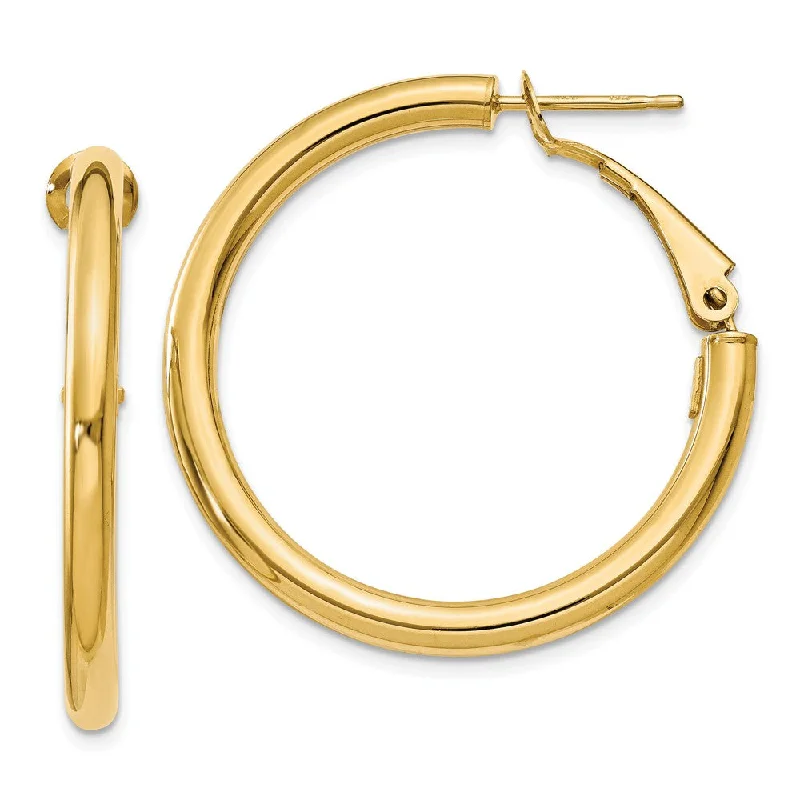 dainty earrings for women -3mm, 14k Yellow Gold Omega Back Round Hoop Earrings, 30mm (1 1/8 Inch)