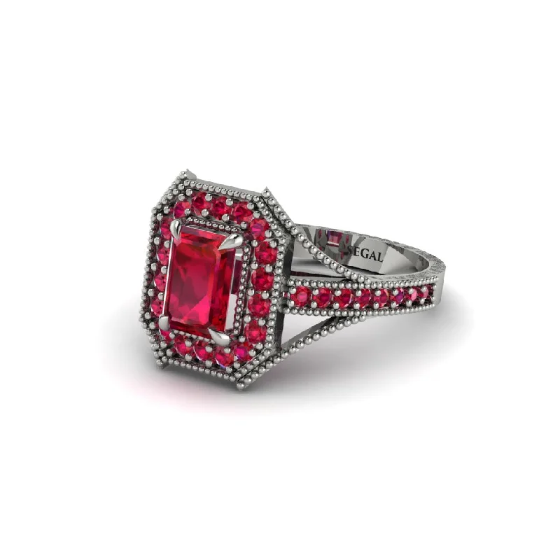 affordable engagement rings for women -Emerald Cut Ruby Milgrain Halo Engagement Ring - Xanthe No. 57