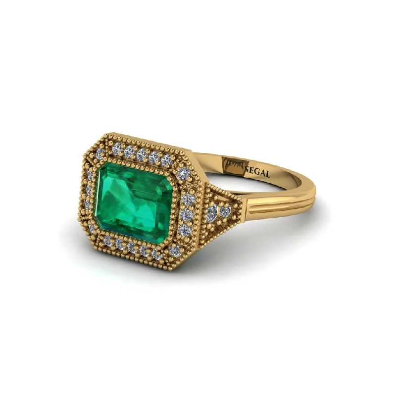 whimsical engagement rings for women -Emerald Cut Emerald Milgrain Halo Engagement Ring - Juniper No. 4