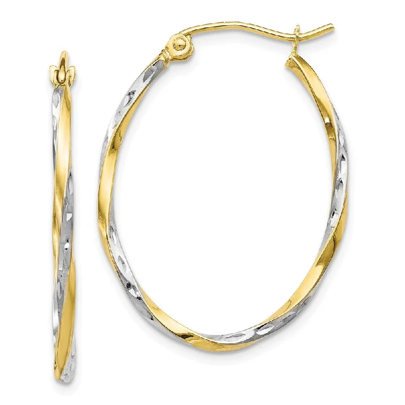 dainty earrings for women -2mm Twisted Oval Hoop Earrings in 10k Yellow Gold & Rhodium, 29mm