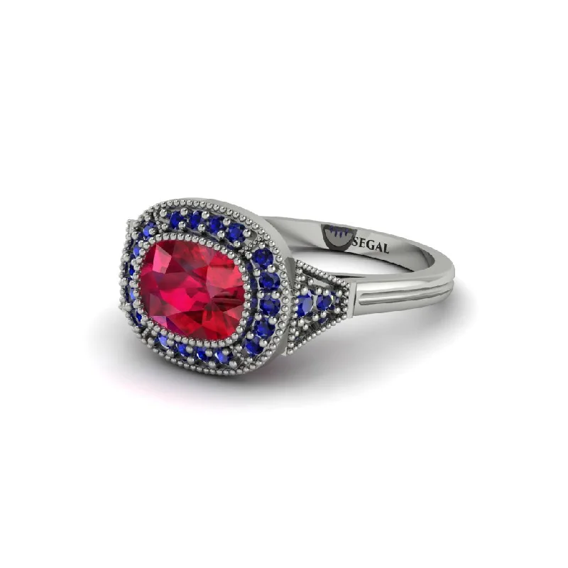 half eternity engagement rings for women -Cushion Cut Ruby Milgrain Halo Engagement Ring - Blake No. 72