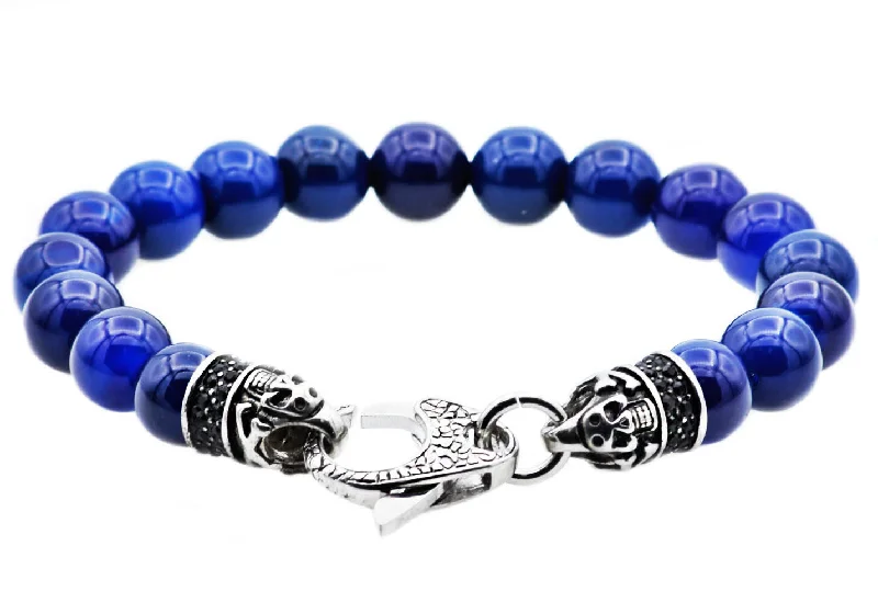 sun and moon bracelets for women -Mens Genuine Blue Agate Stainless Steel Beaded Bracelet With Black Cubic Zirconia