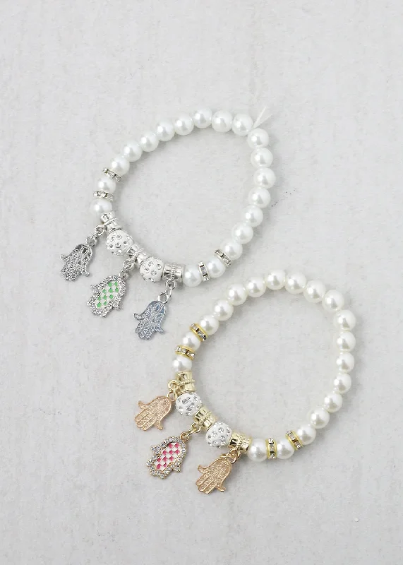 fashion bangles for women -Pearl + Hamsa Hand Bracelet