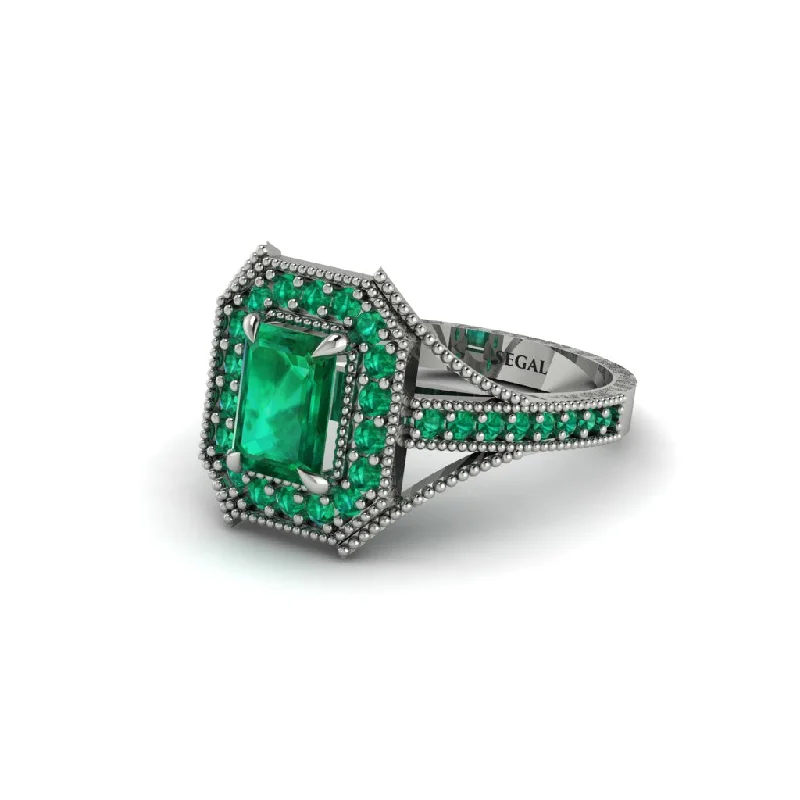 high-end engagement rings for women -Emerald Cut Emerald Milgrain Halo Engagement Ring - Xanthe No. 21