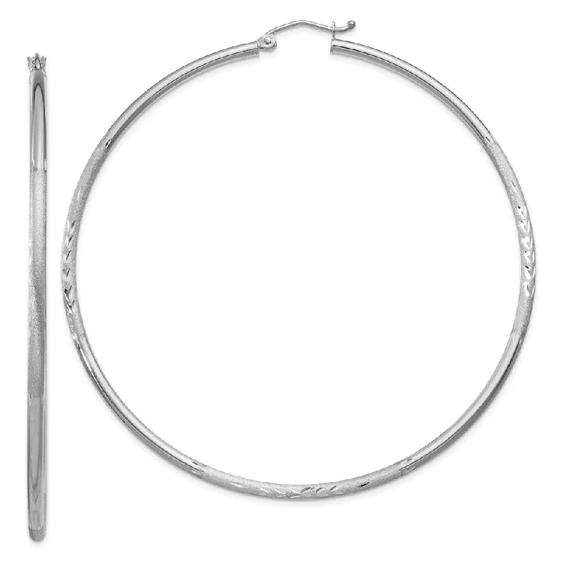 chic hoop earrings for women -2mm x 65mm 14k White Gold Satin & Diamond-Cut Round Hoop Earrings