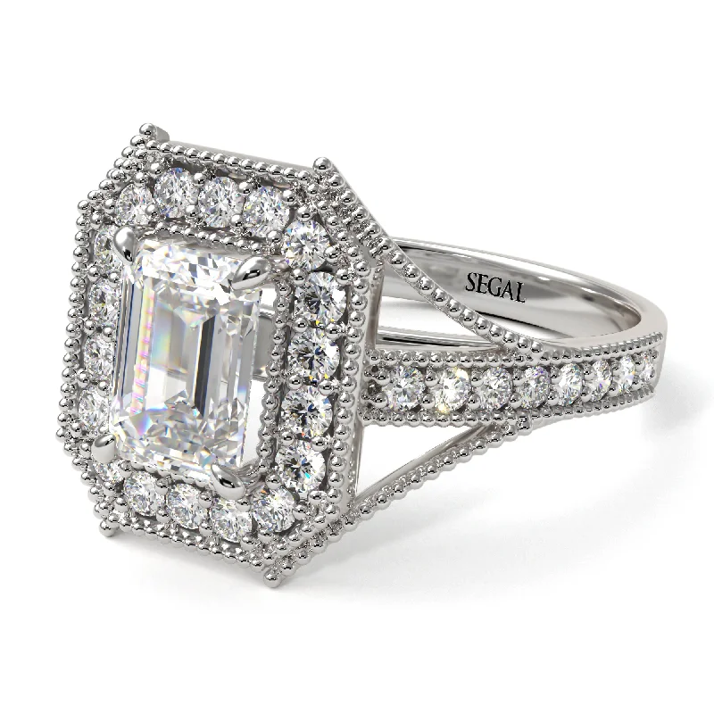 half eternity engagement rings for women -Emerald Cut Diamond Milgrain Halo Engagement Ring - Xanthe No. 3