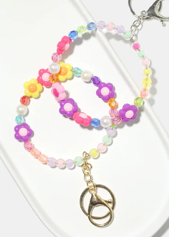 trendy bangles for women -Pastel Flower Bead Bracelet Keychain