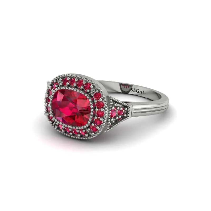 three-stone engagement rings for women -Cushion Cut Ruby Milgrain Halo Engagement Ring - Blake No. 57