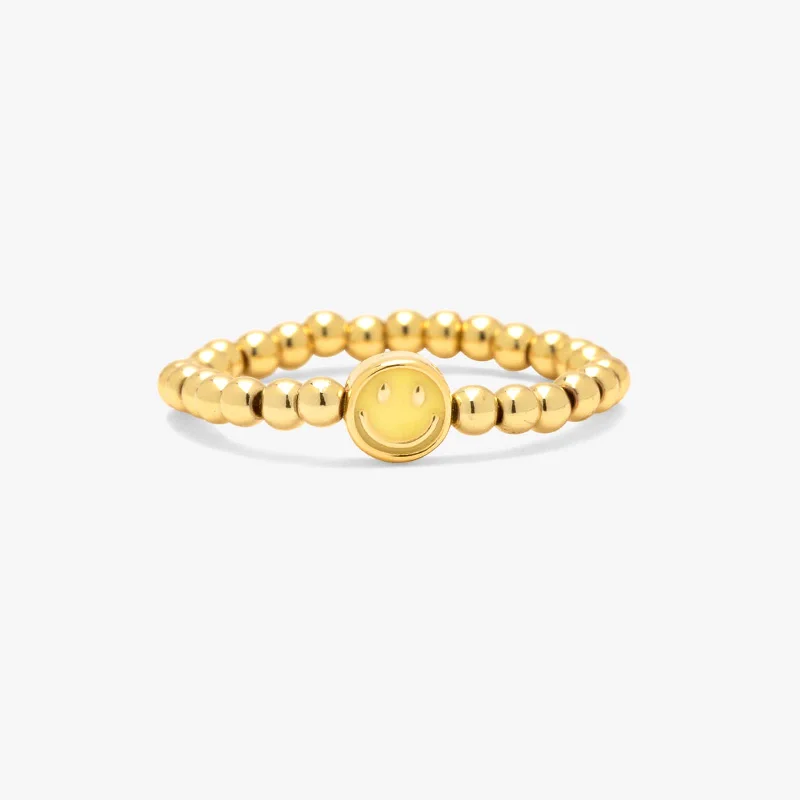 Women's rings leafy-steel-Happy Face Gold Bead Stretch Ring