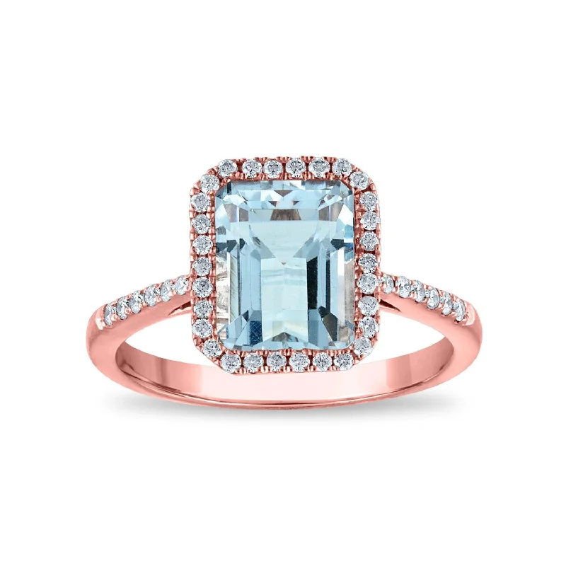 floral halo engagement rings for women -EFFY 9X7MM Emerald Shape Aquamarine and Diamond Halo Engagement Ring in 14KT Rose Gold