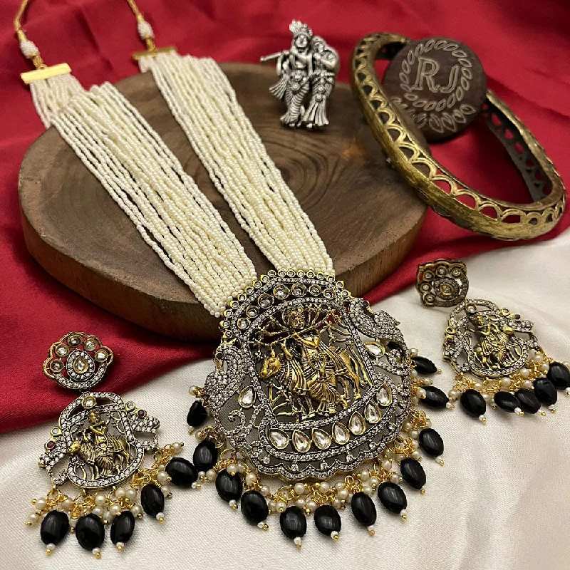 unique charm necklaces for women -FS Collection Gold Plated Kundan Stone And Pearls Temple Necklace Set