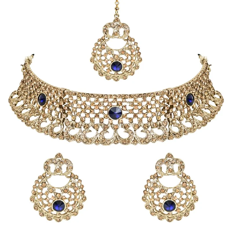 colorful necklaces for women -Etnico Gold Plated Traditional Design Stone Work Choker Necklace Jewellery Set With Chandbali Earring & Maang Tikka For Women/Girls (M4171FLBl