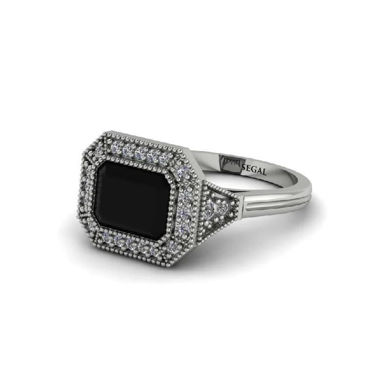 moissanite engagement rings for women -Emerald Cut Black Diamond Milgrain Halo Engagement Ring - Juniper No. 9