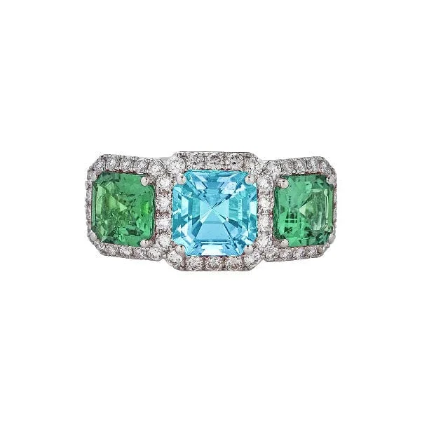 Women's rings leafy-accent-Aquamarine and Green Tourmaline Three-Stone Ring with Diamonds