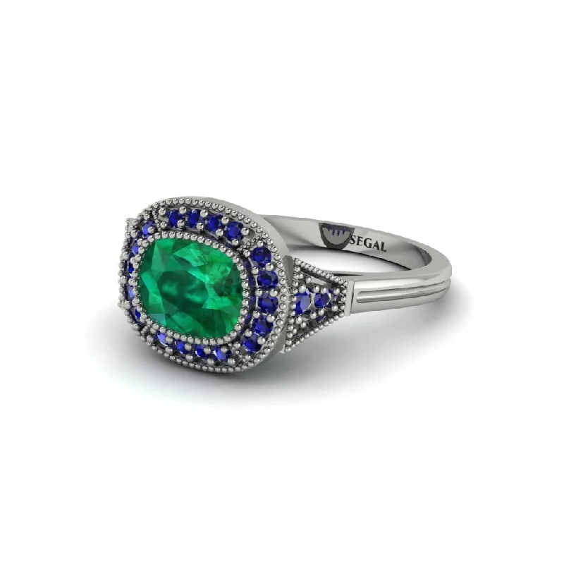 filigree engagement rings for women -Cushion Cut Emerald Milgrain Halo Engagement Ring - Blake No. 66