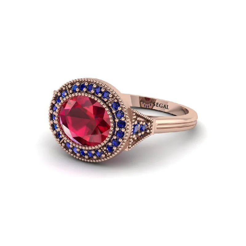 twisted band engagement rings for women -Oval Cut Ruby Milgrain Halo Engagement Ring - Alexandria No. 71