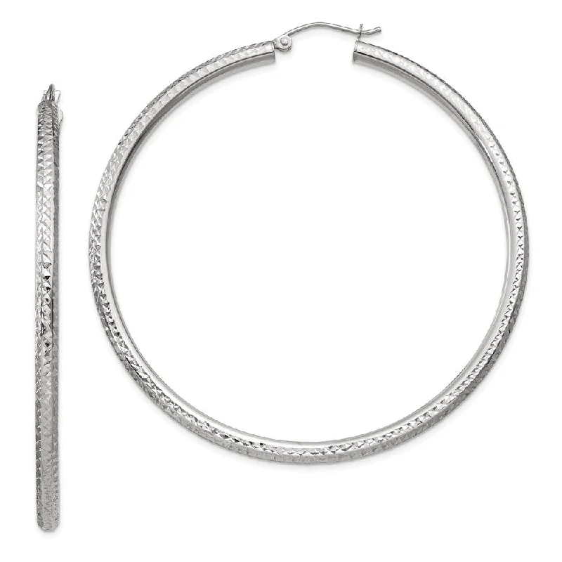 handmade earrings for women -3mm x 60mm, 14k White Gold, Diamond-cut Round Hoop Earrings