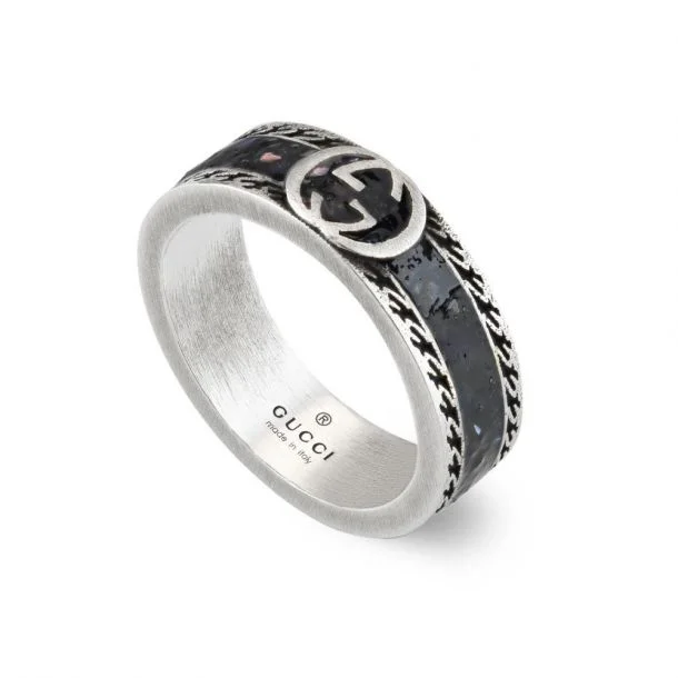 Women's rings whimsical-edge-STSLVR GUCCI BLACK ENAMEL INTERLOCKING G RING