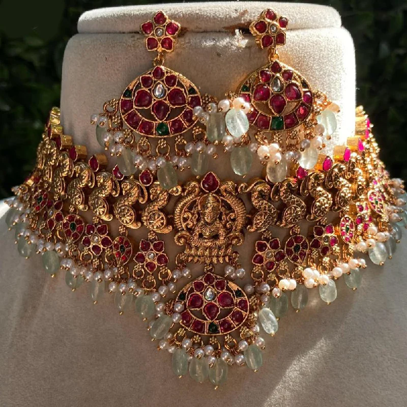 stylish name necklaces for women -Royal Kundan Jewellery Gold Plated Pota Stone Pearls And Temple Choker Necklace Set