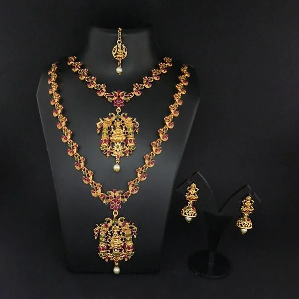 affordable necklaces for women -Darshana Jewels Double Gold Plated Multi Stones Necklace Set -FAP0273A