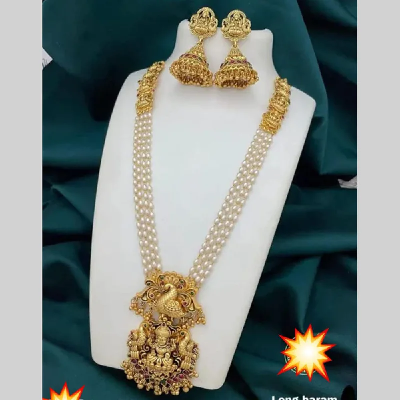 gold necklaces for women -Manisha Jewellery Gold Plated Pota Stone And Pearl Temple Long Necklace Set