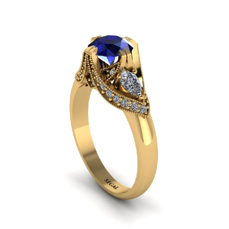 engraving engagement rings for women -Sapphire Vintage Round Cut Engagement Ring - Kali No. 13