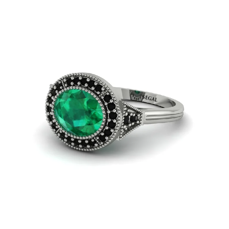 pear-shaped engagement rings for women -Oval Cut Emerald Milgrain Halo Engagement Ring - Alexandria No. 36