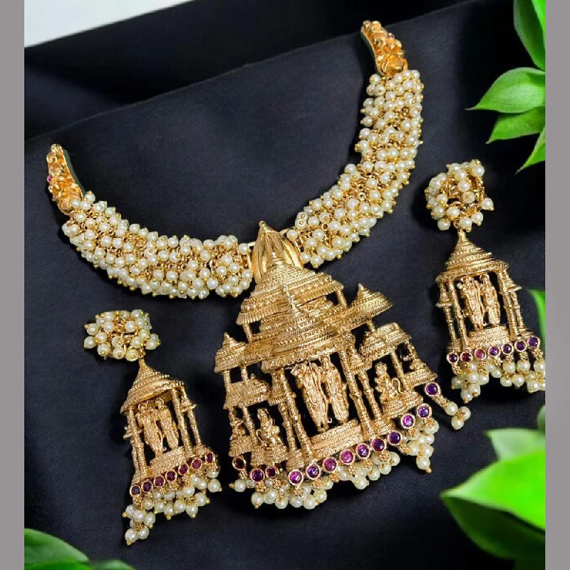 gold plated necklaces for women -Sona Creation Gold Plated Pota Stone And Pearls Ram Mandir Necklace Set