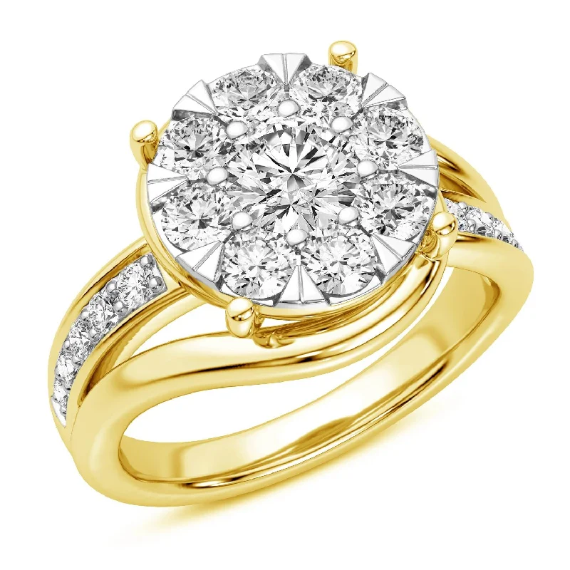 high fashion engagement rings -Signature EcoLove 1-1/2 CTW Lab Grown Diamond Cluster Engagement Ring in 14KT Yellow Gold