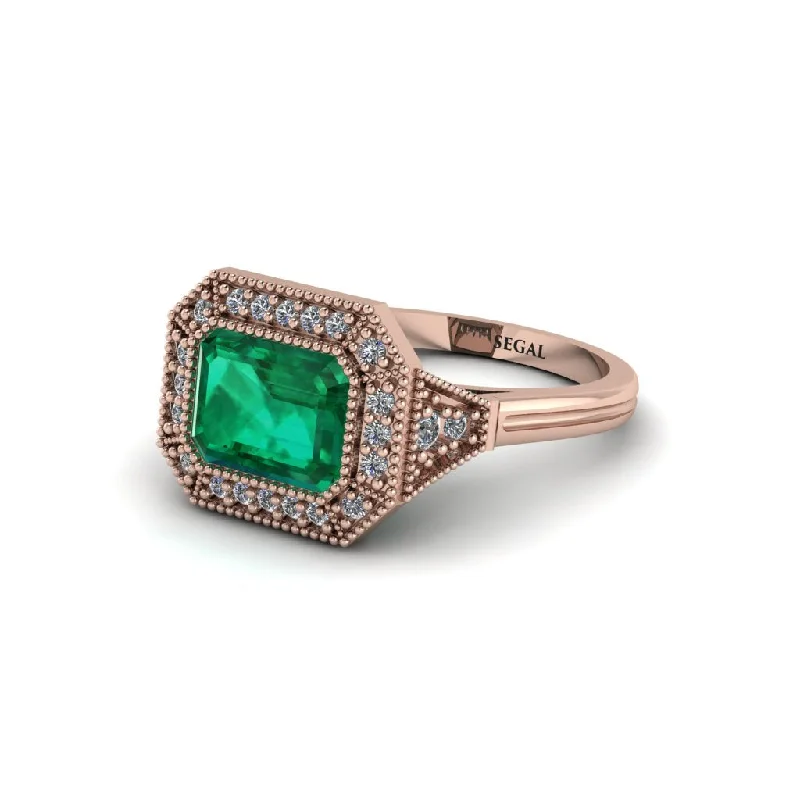 antique gold engagement rings for women -Emerald Cut Emerald Milgrain Halo Engagement Ring - Juniper No. 5