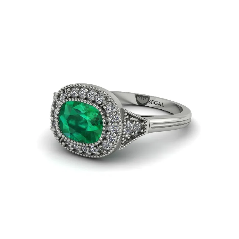 floral engagement rings for women -Cushion Cut Emerald Milgrain Halo Engagement Ring - Blake No. 6