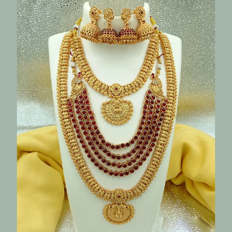 wedding necklaces for women -Joyful Jewel Art Matte Gold Plated Pota Stone Temple Long Necklace Combo