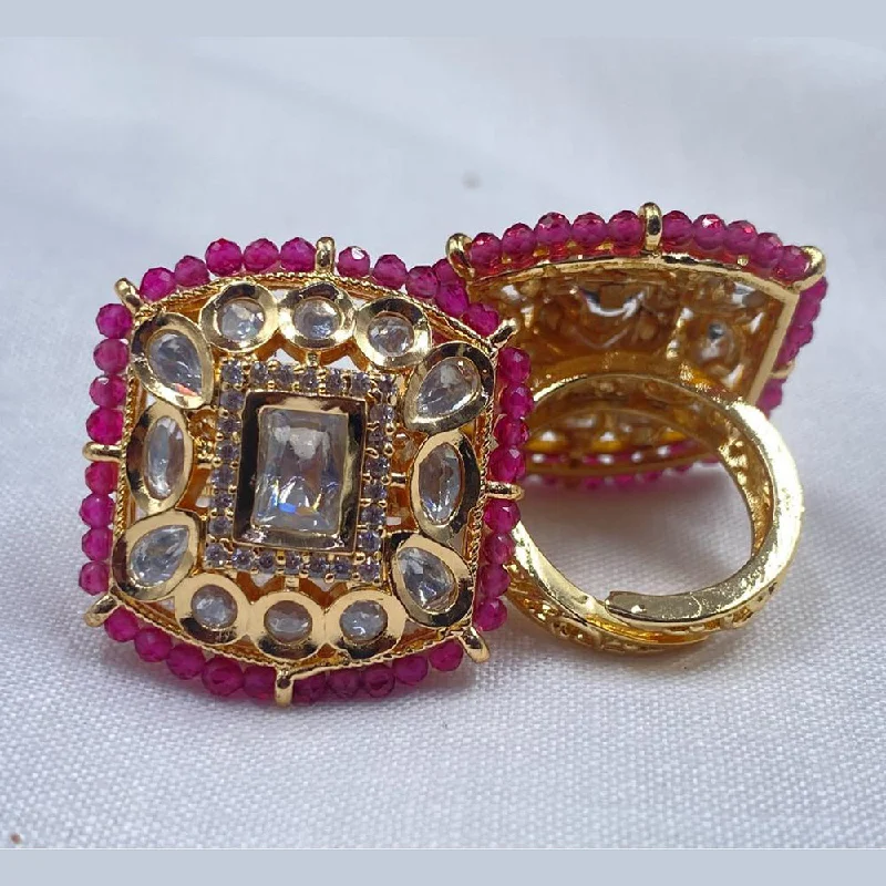 Women's rings luxe-apricot-Royal Kundan Jewellery Gold Plated Polki Kundan And Pearls Finger Ring