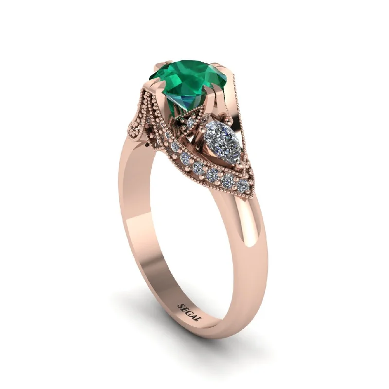 romantic engagement rings for women -Emerald Vintage Round Cut Engagement Ring - Kali No. 5