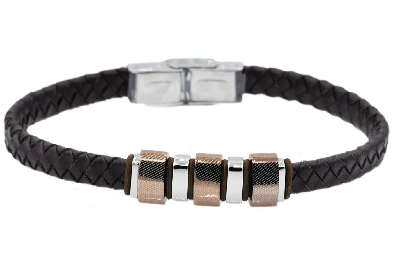 dainty bracelets for women -Mens Brown Leather And Stainless Steel Bracelet