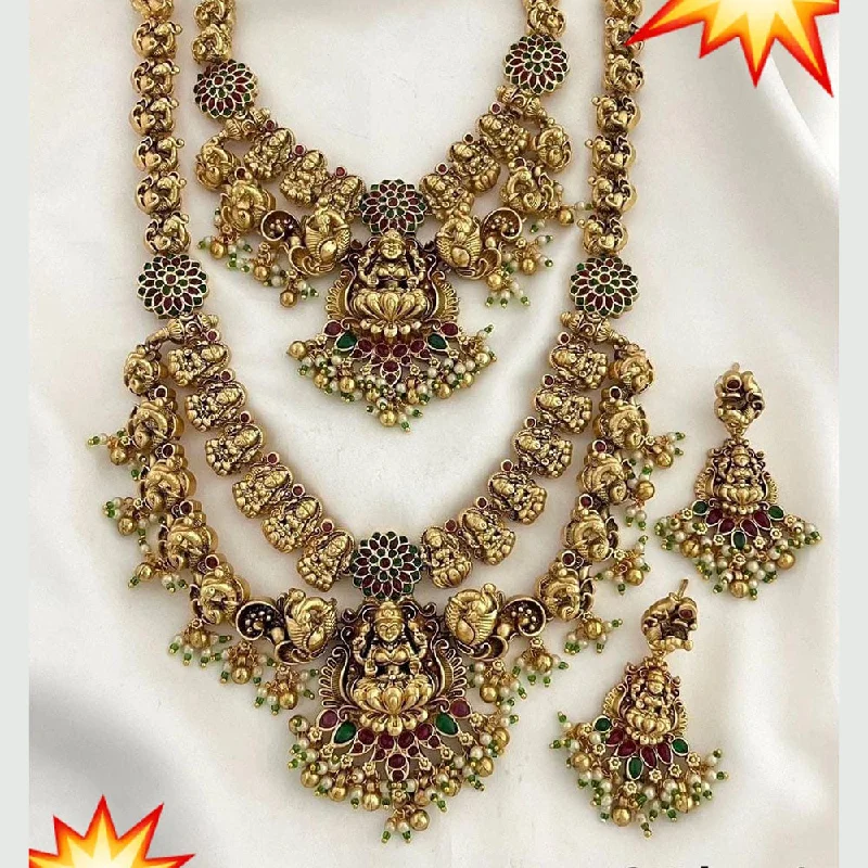 handcrafted necklaces for women -Manisha Jewellery Gold Plated Pota Stone And Pearls Temple Double Necklace Set