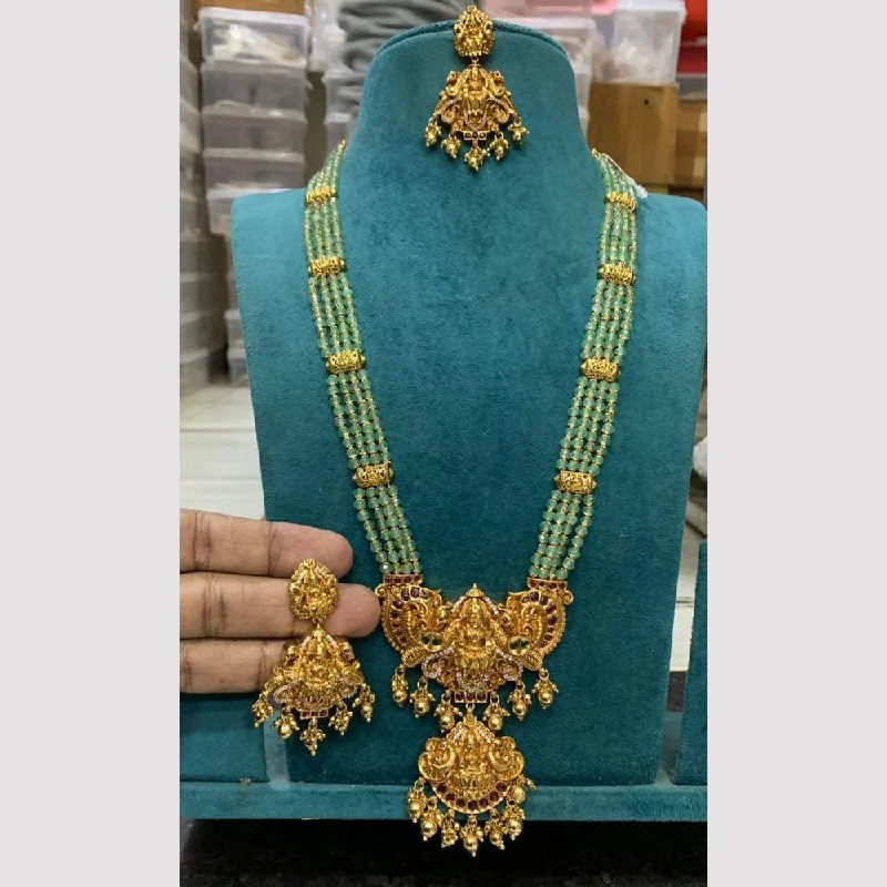 boho necklaces for women -Sona Creation Gold Plated Pota Stone And Beads Temple Long Necklace Set