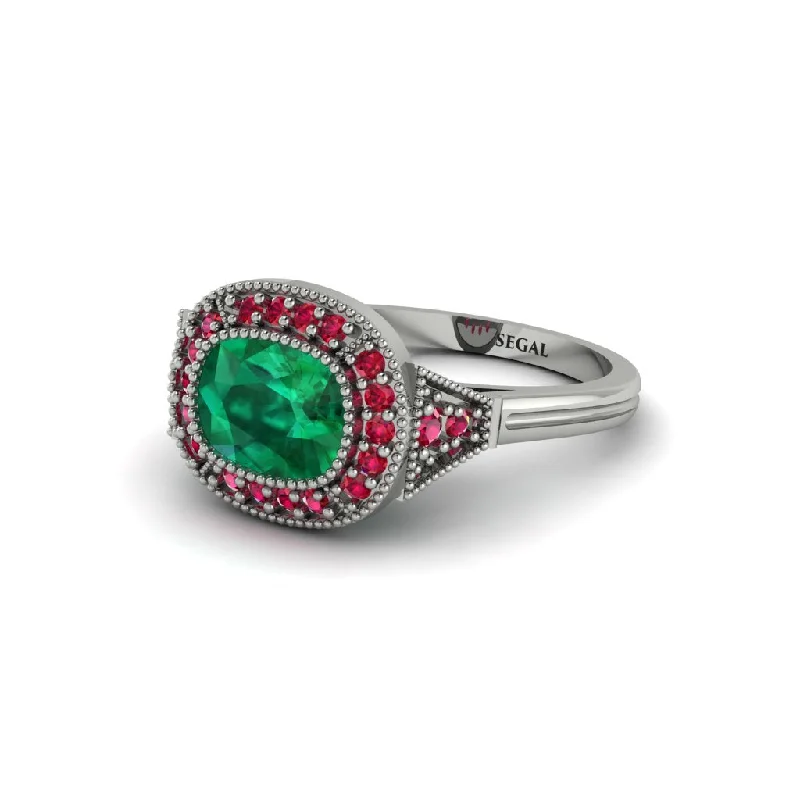 contemporary engagement rings for women -Cushion Cut Emerald Milgrain Halo Engagement Ring - Blake No. 51