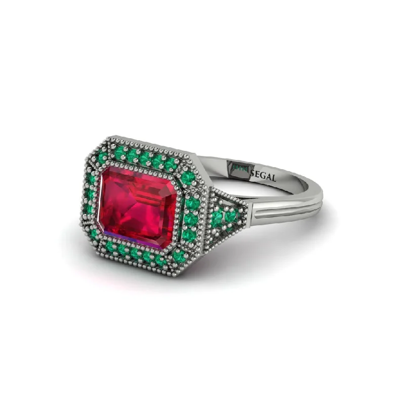 art nouveau engagement rings for women -Emerald Cut Ruby Milgrain Halo Engagement Ring - Juniper No. 27