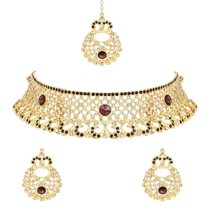 elegant necklaces for women -Etnico Gold Plated Traditional Design Stone Work Choker Necklace Jewellery Set With Chandbali Earring & Maang Tikka For Women/Girls (M4171WWi)