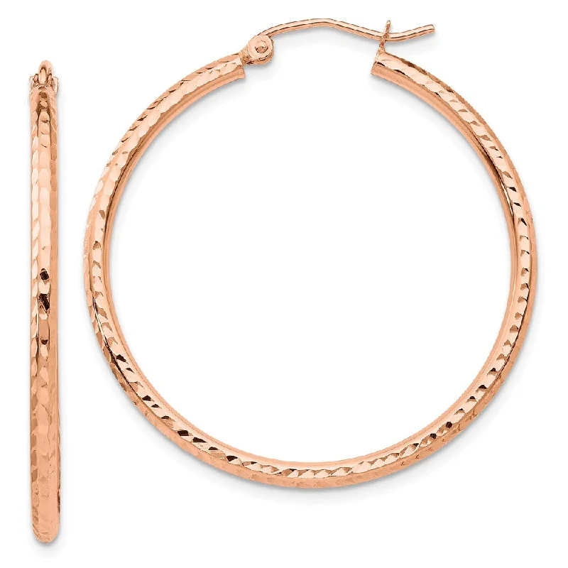 gold minimalist earrings for women -2mm x 35mm 14k Rose Gold Diamond-Cut Round Hoop Earrings