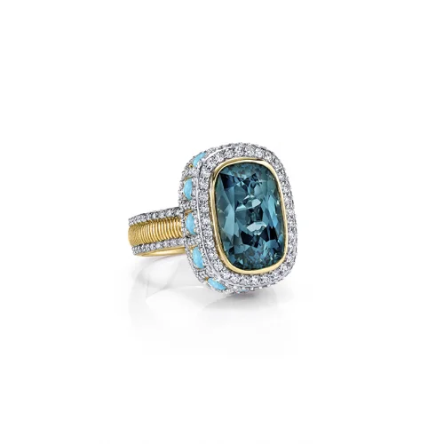 Women's rings modern-leaf-18k Yellow Gold Blue Topaz & Turquoise Diamond Ring