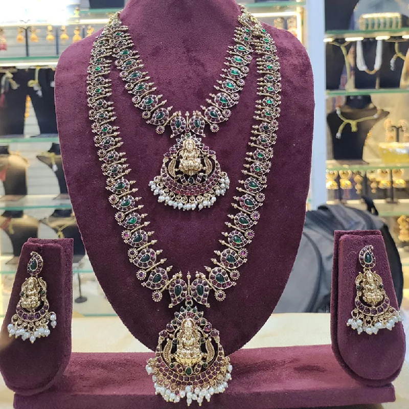 unique charm necklaces for women -Manisha Jewellery Gold Plated Pota Stone And Pearls Temple Double Necklace Set