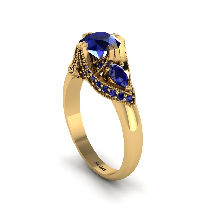 gold band engagement rings for women -Sapphire Vintage Round Cut Engagement Ring - Kali No. 73