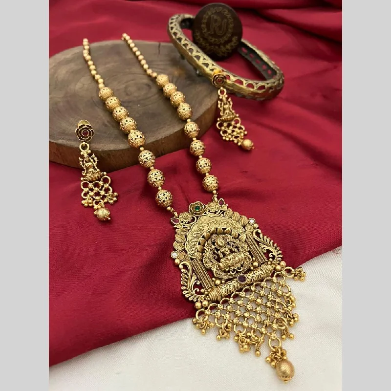 dainty necklaces for women -FS Collection Gold Plated Pota Stone And Pearls Temple Long Necklace Set