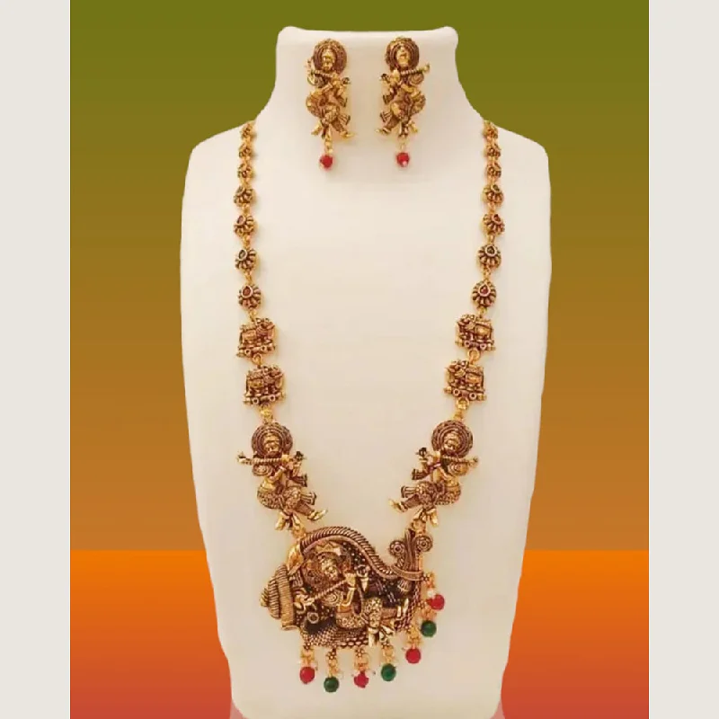 boho necklaces for women -Kavyanjali Jewels Gold Plated Pota Stone Temple Long Necklace Set