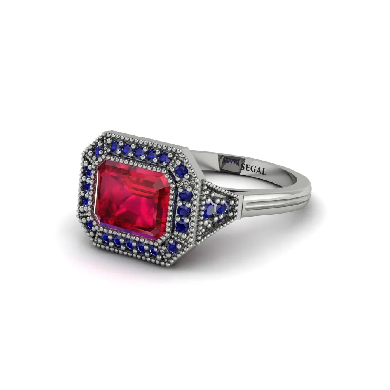 modern engagement rings for women -Emerald Cut Ruby Milgrain Halo Engagement Ring - Juniper No. 72