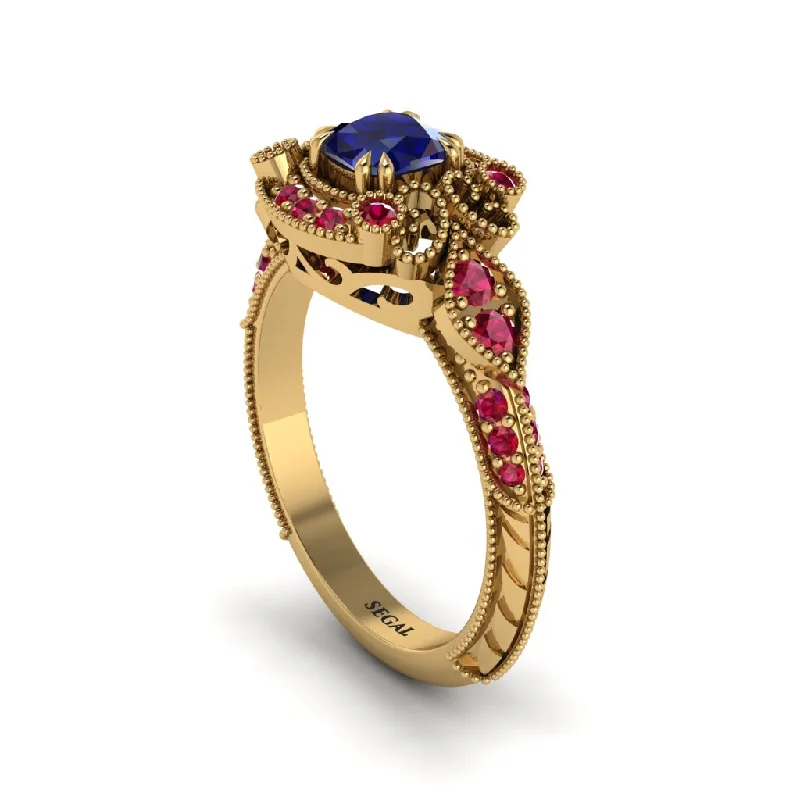 pear-shaped engagement rings for women -Sapphire Vintage Filigree Cushion Cut Engagement Ring - Elaina No. 58