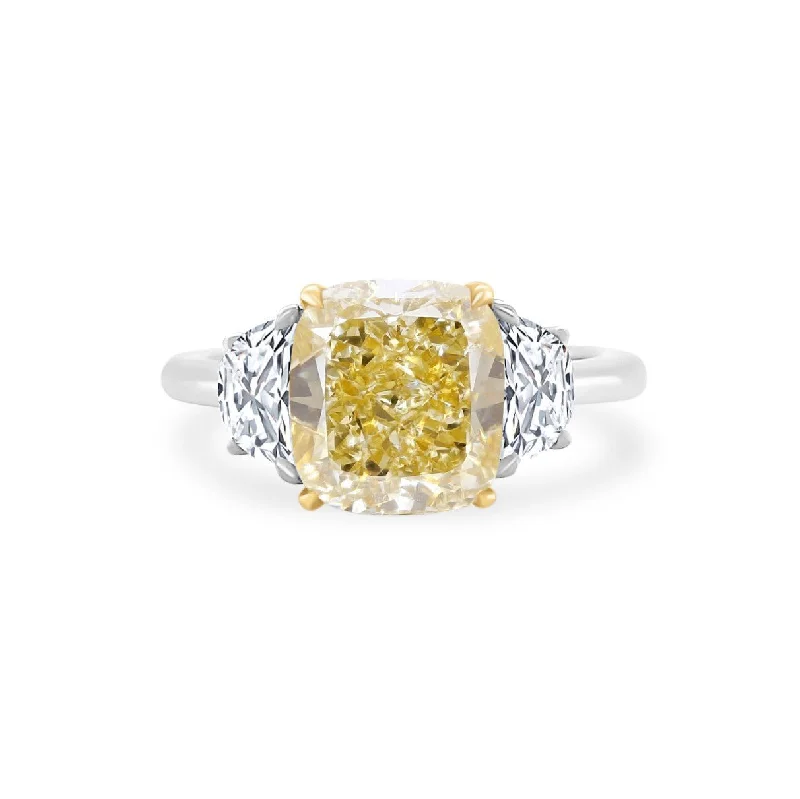 Women's rings apricot-blush-Cushion Cut Yellow Diamond with Half Moon Cut Side Stones