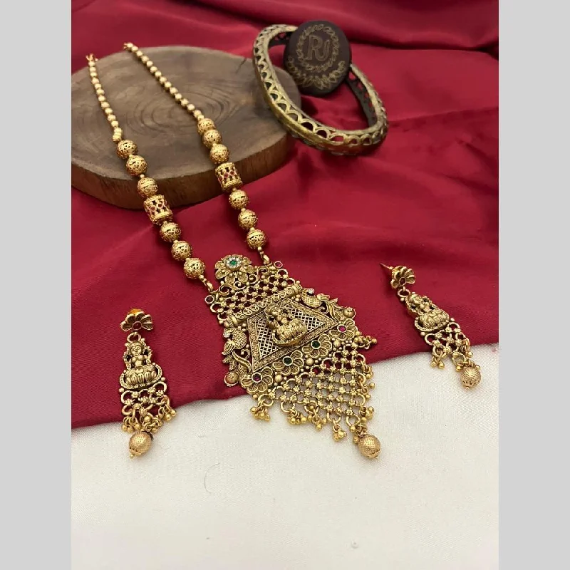 unique handmade necklaces for women -FS Collection Gold Plated Pota Stone And Pearls Temple Long Necklace Set